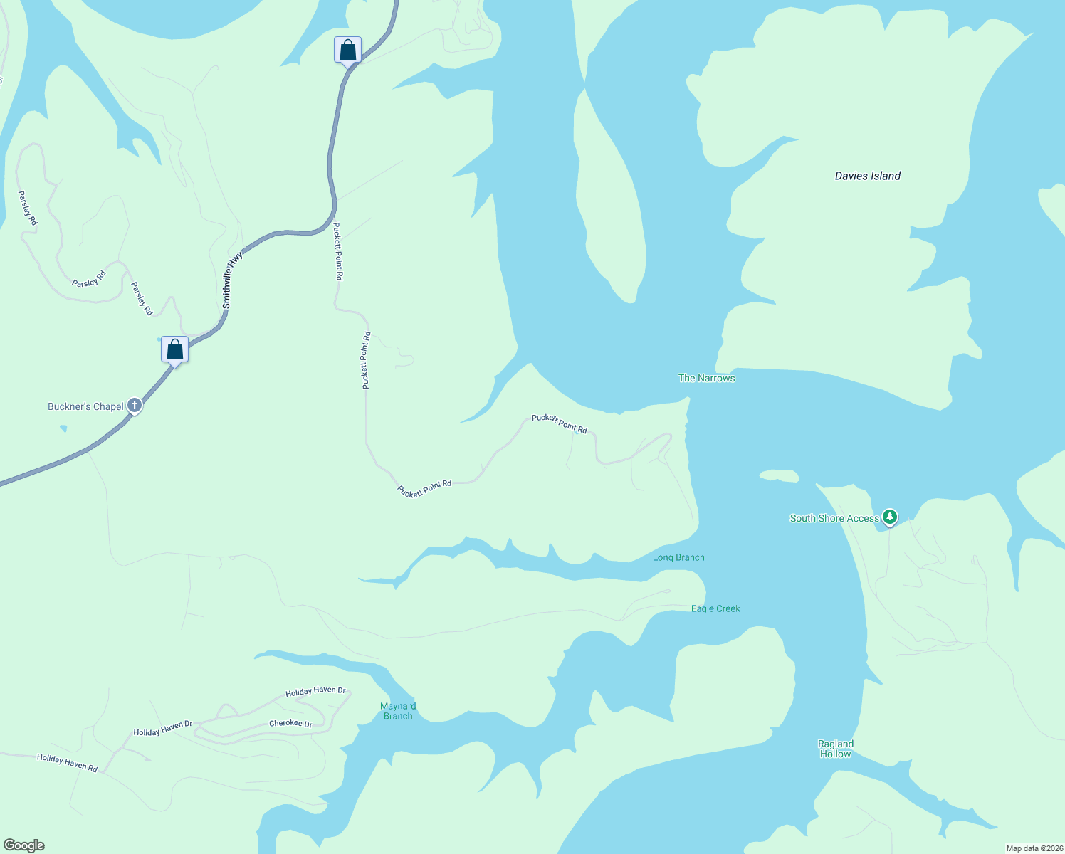 map of restaurants, bars, coffee shops, grocery stores, and more near 1662 Puckett Point Road in Smithville