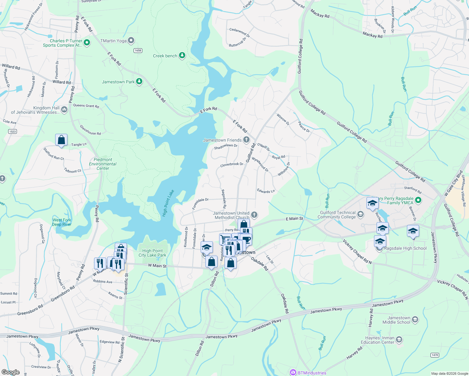 map of restaurants, bars, coffee shops, grocery stores, and more near 309 Guilford Rd in Jamestown