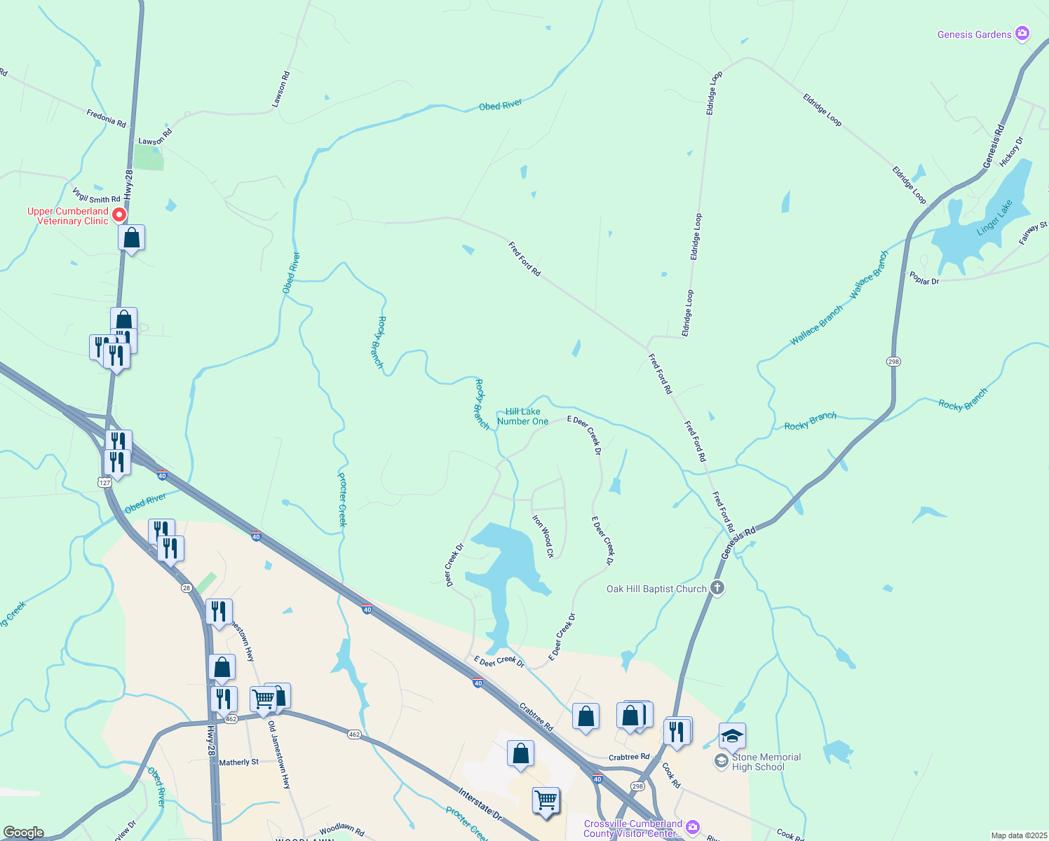 map of restaurants, bars, coffee shops, grocery stores, and more near 1476 East Deer Creek Drive in Crossville