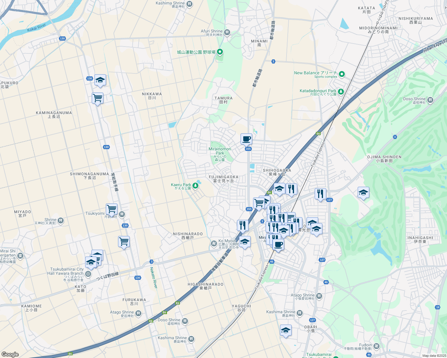 map of restaurants, bars, coffee shops, grocery stores, and more near in Tsukubamirai