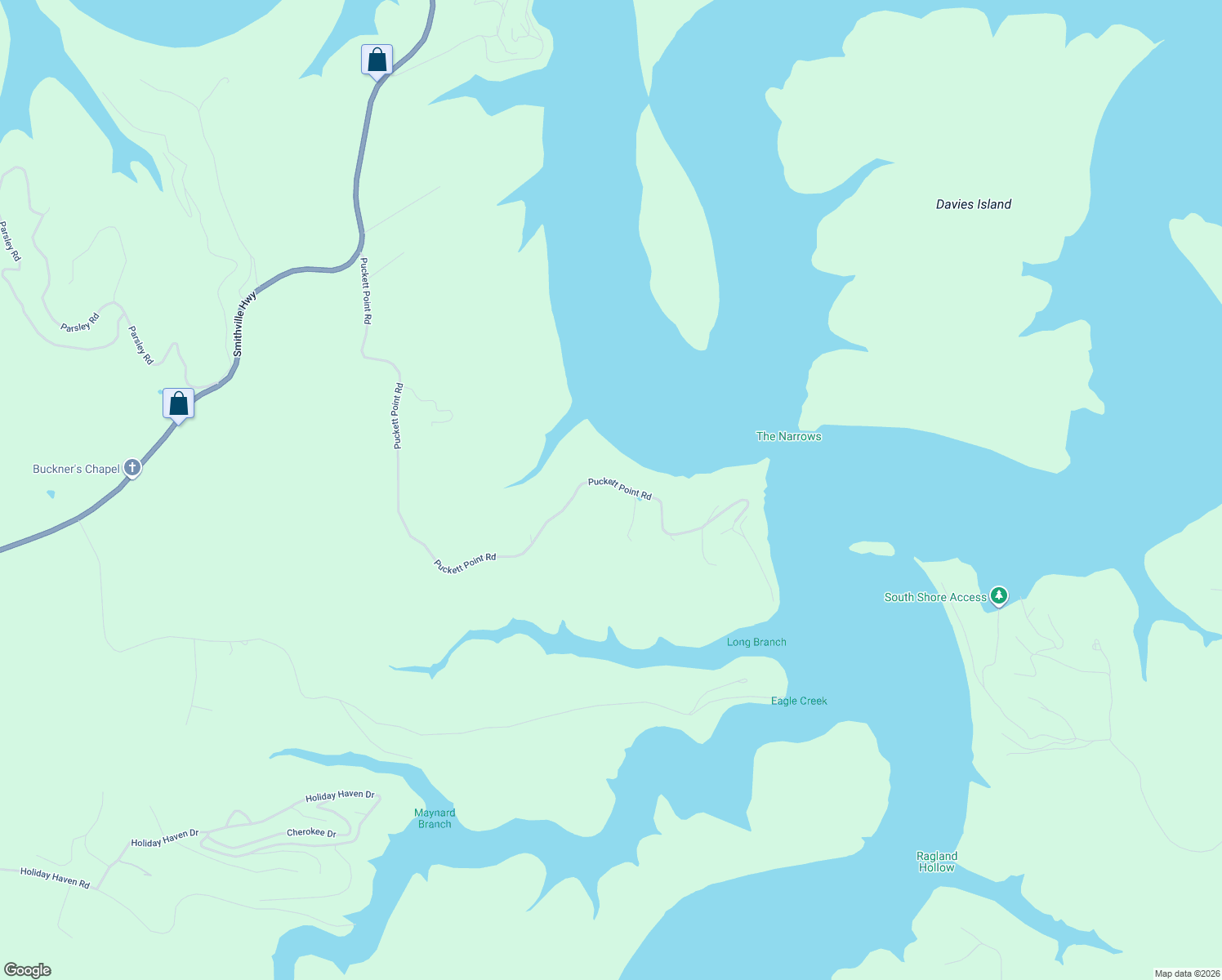 map of restaurants, bars, coffee shops, grocery stores, and more near 1662 Puckett Point Road in Smithville