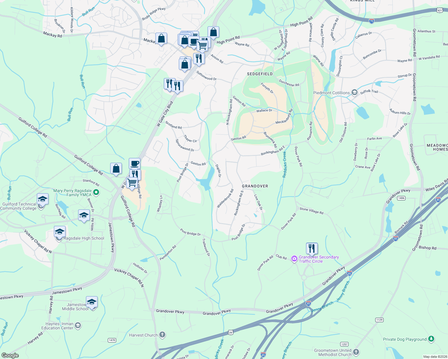 map of restaurants, bars, coffee shops, grocery stores, and more near 3712 Waldenbrook Rd in Greensboro