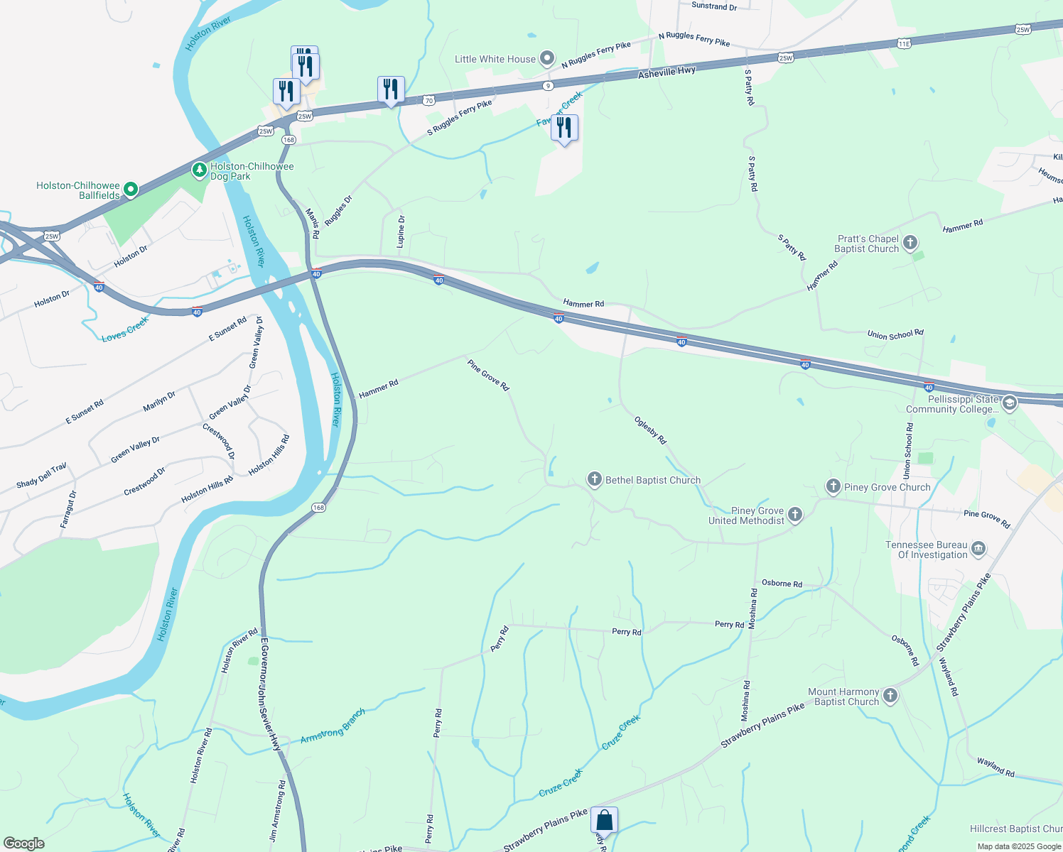 map of restaurants, bars, coffee shops, grocery stores, and more near 6409 Pine Grove Road in Knoxville