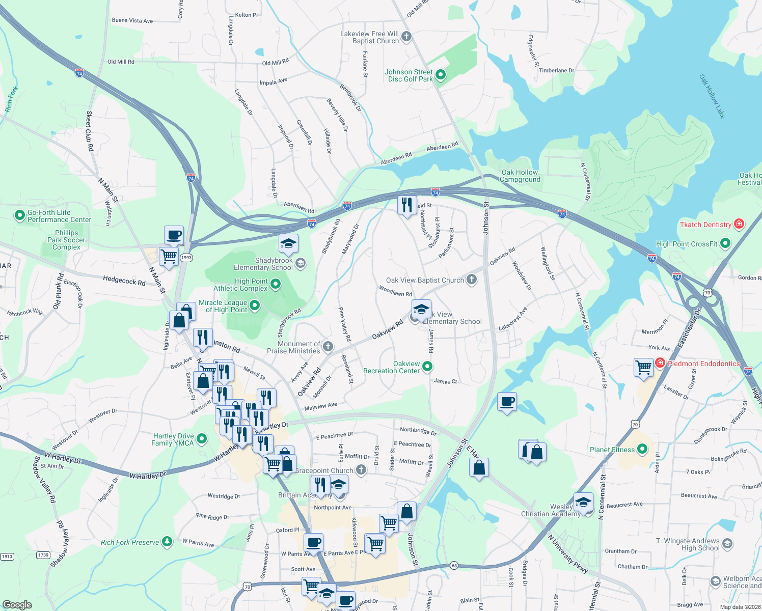 map of restaurants, bars, coffee shops, grocery stores, and more near 3410 Rolling Road in High Point