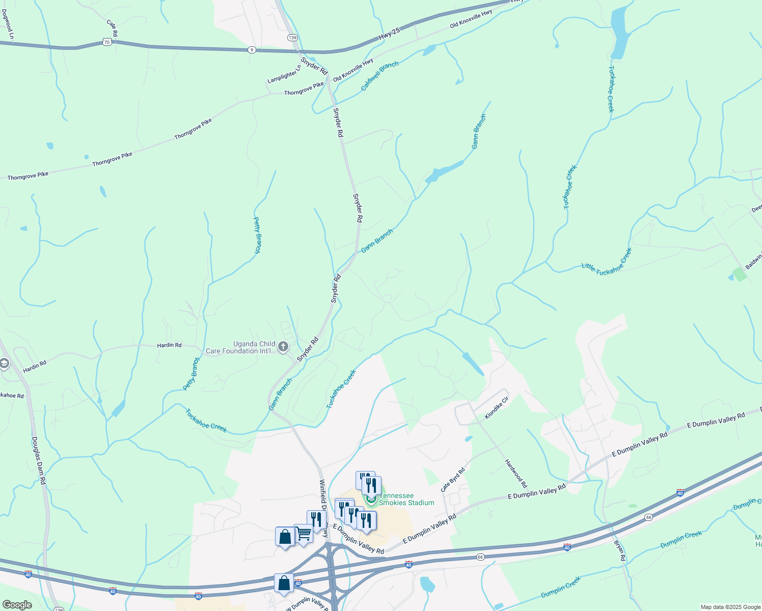 map of restaurants, bars, coffee shops, grocery stores, and more near 160 Byrd Drive in Kodak