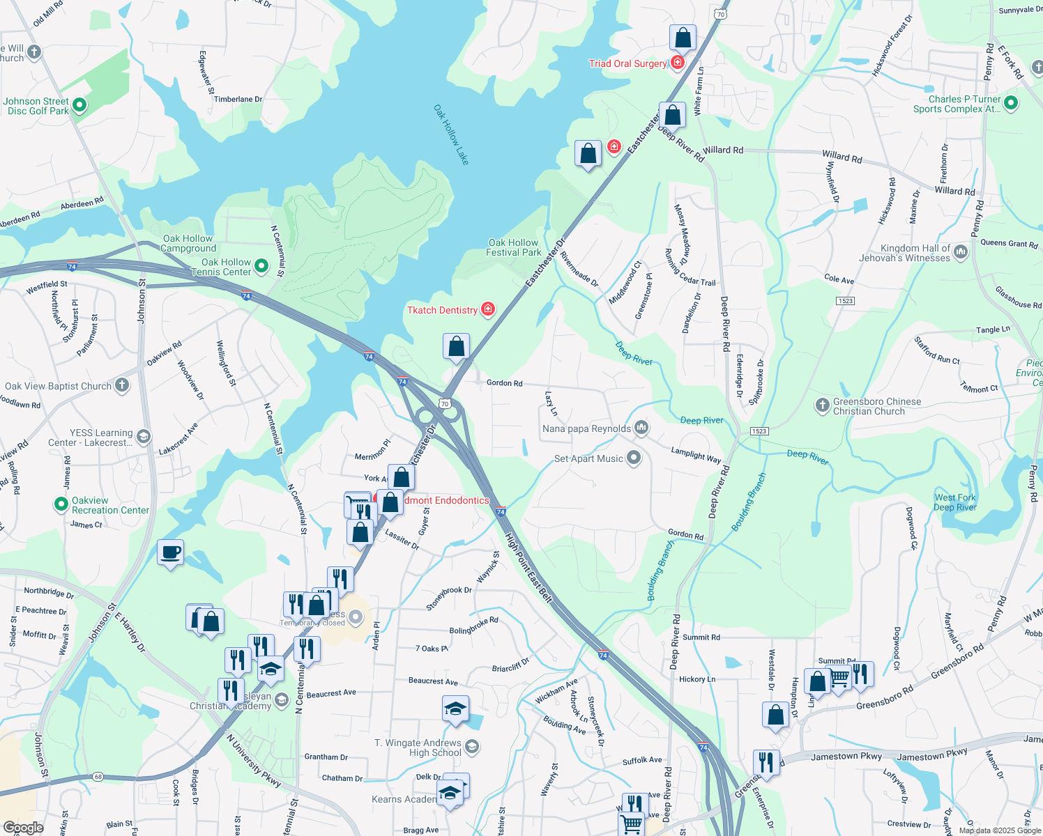 map of restaurants, bars, coffee shops, grocery stores, and more near 2729 Red Run Court in High Point