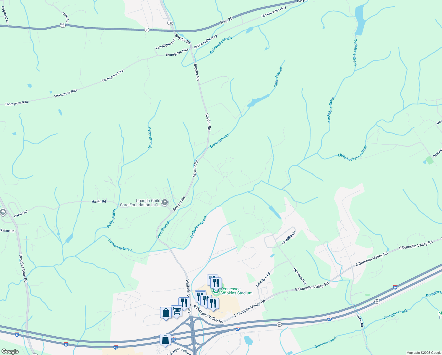 map of restaurants, bars, coffee shops, grocery stores, and more near 160 Byrd Drive in Kodak