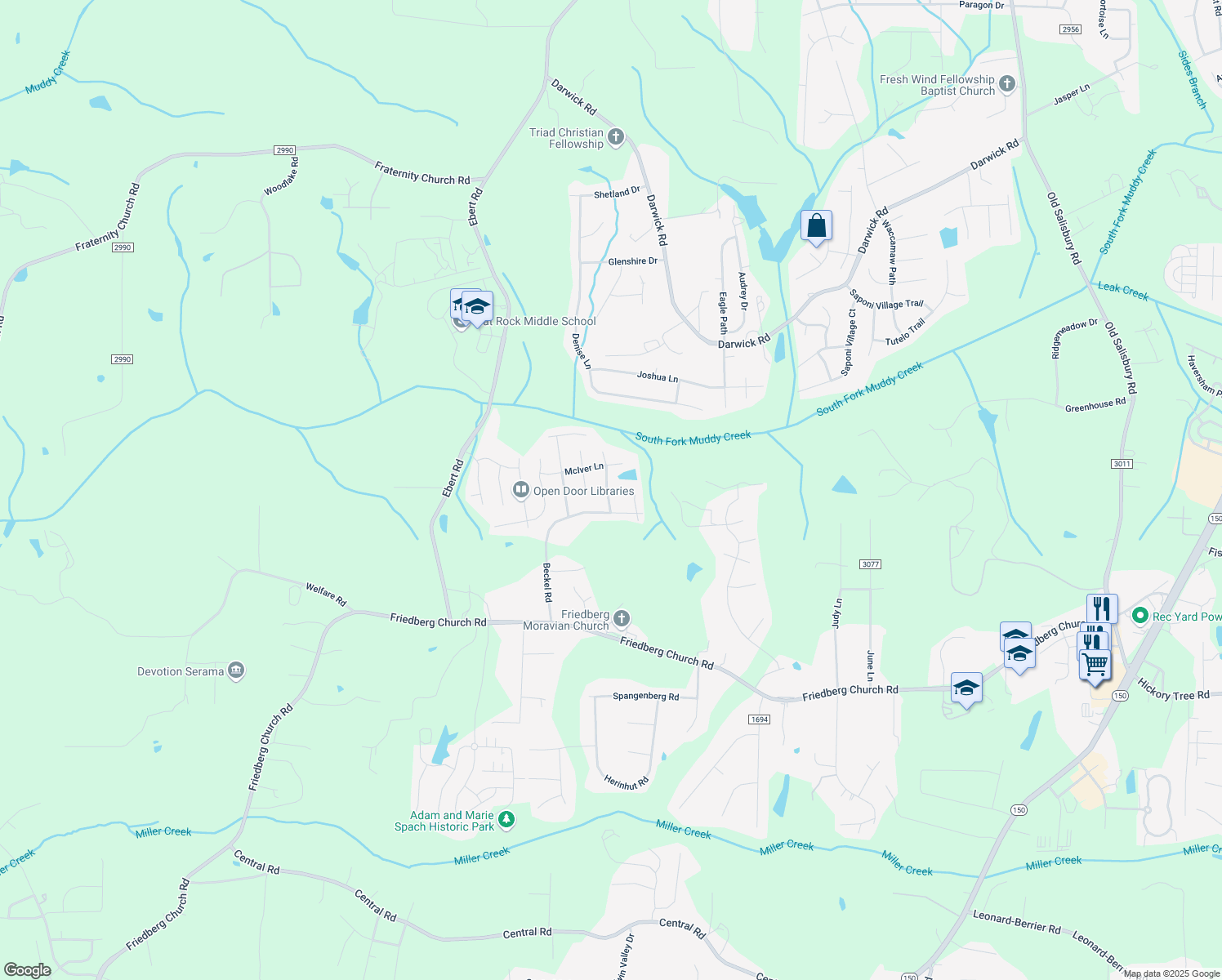 map of restaurants, bars, coffee shops, grocery stores, and more near 4735 Beckel Court in Winston-Salem