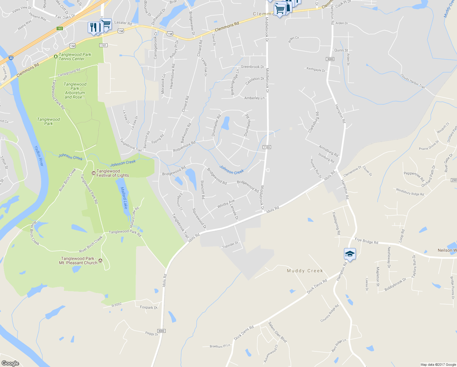 map of restaurants, bars, coffee shops, grocery stores, and more near 6967 Bridgewood Road in Clemmons