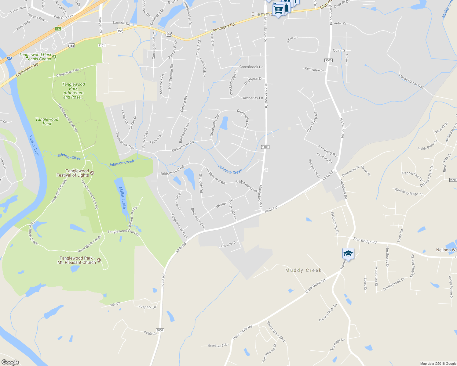 map of restaurants, bars, coffee shops, grocery stores, and more near 6966 Bridgewood Road in Clemmons