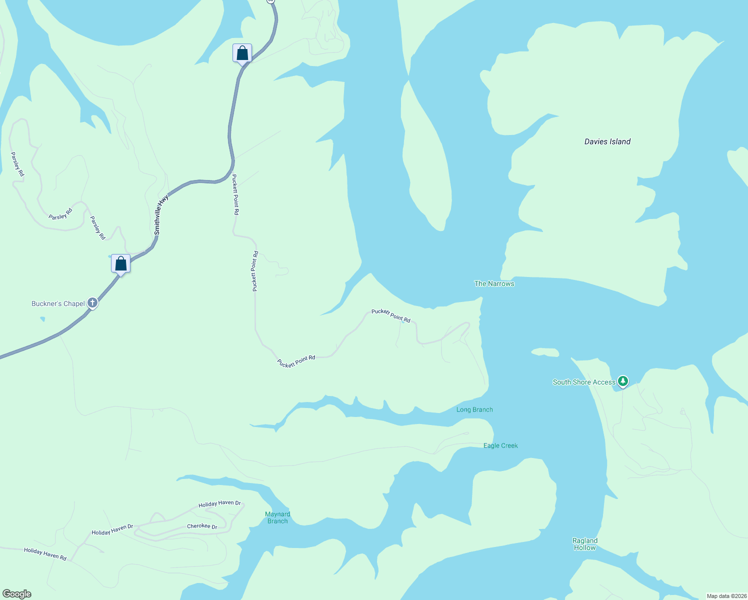 map of restaurants, bars, coffee shops, grocery stores, and more near 1677 Puckett Point Road in Smithville