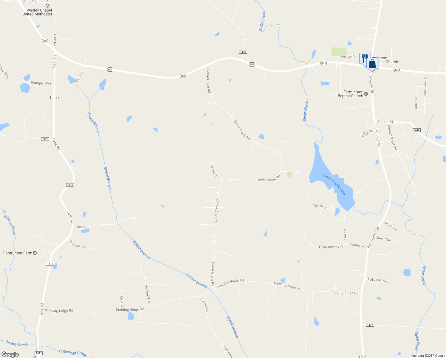 map of restaurants, bars, coffee shops, grocery stores, and more near 463 Cedar Creek Road in Mocksville