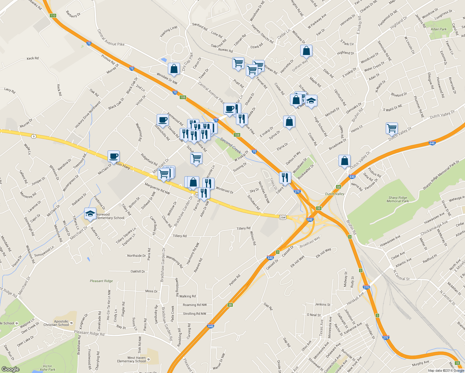 map of restaurants, bars, coffee shops, grocery stores, and more near 4608 Tanglewood Road in Knoxville
