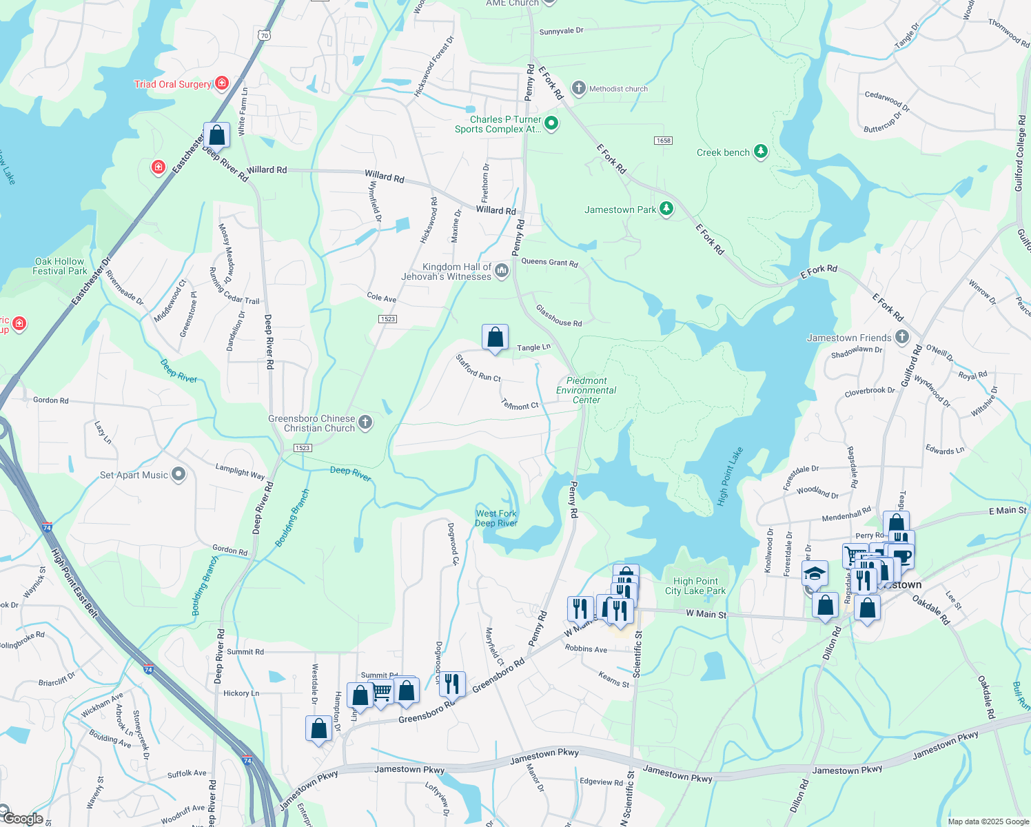 map of restaurants, bars, coffee shops, grocery stores, and more near 4034 Tellmont Court in High Point
