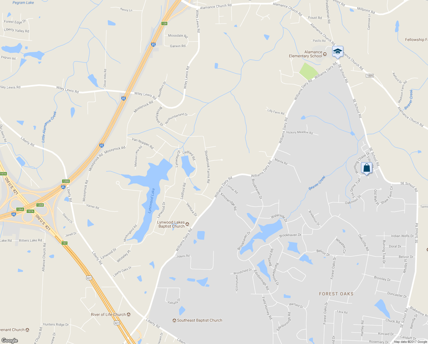 map of restaurants, bars, coffee shops, grocery stores, and more near 4103 Stonebrook Farms Road in Greensboro