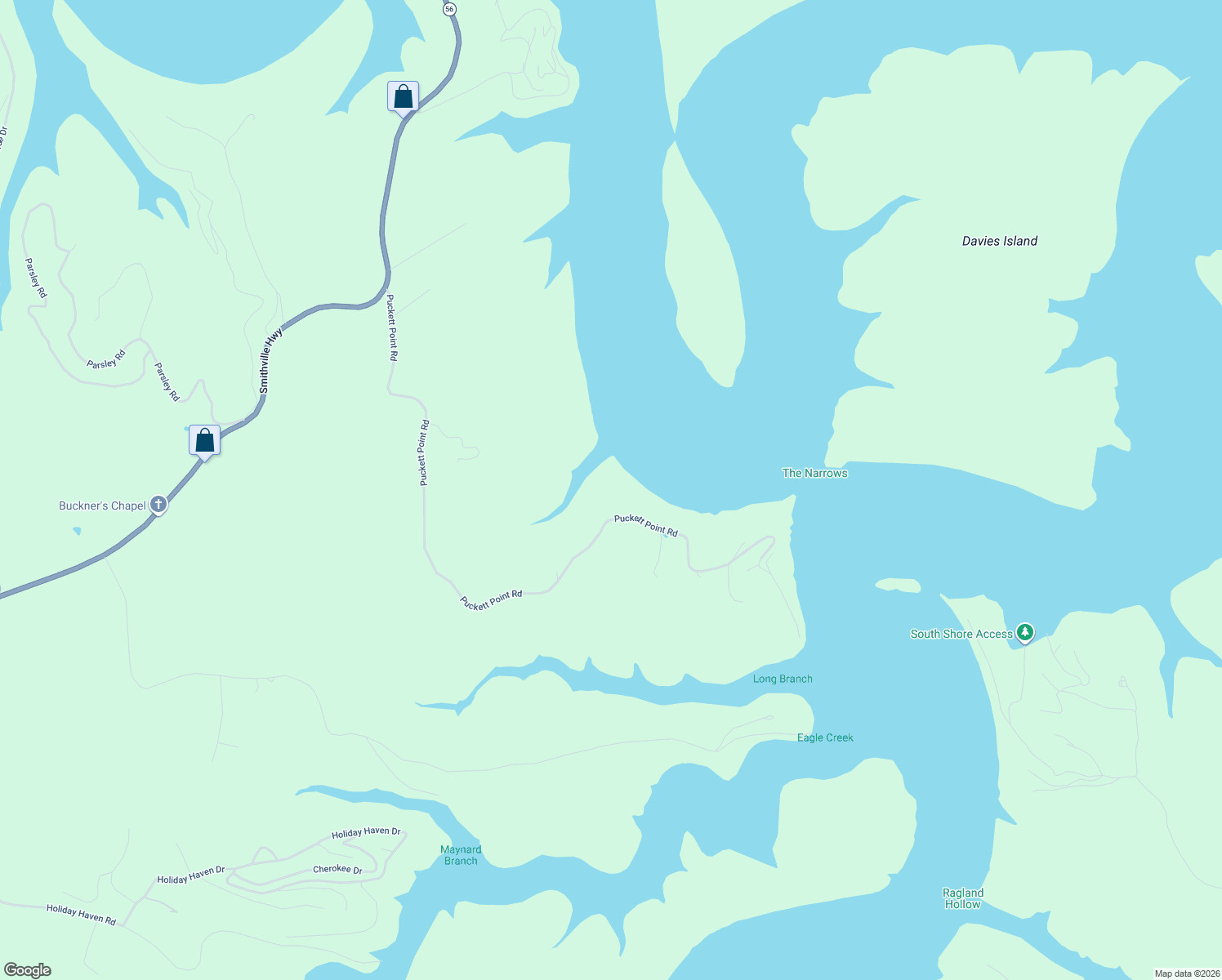 map of restaurants, bars, coffee shops, grocery stores, and more near 1677 Puckett Point Road in Smithville