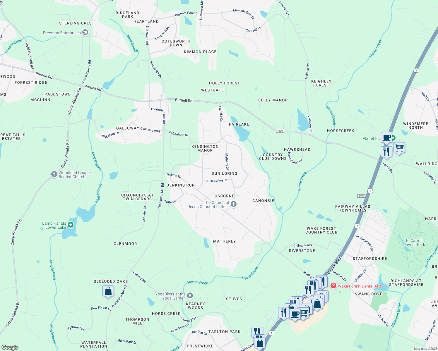 map of restaurants, bars, coffee shops, grocery stores, and more near 2633 Dun Loring Drive in Wake Forest