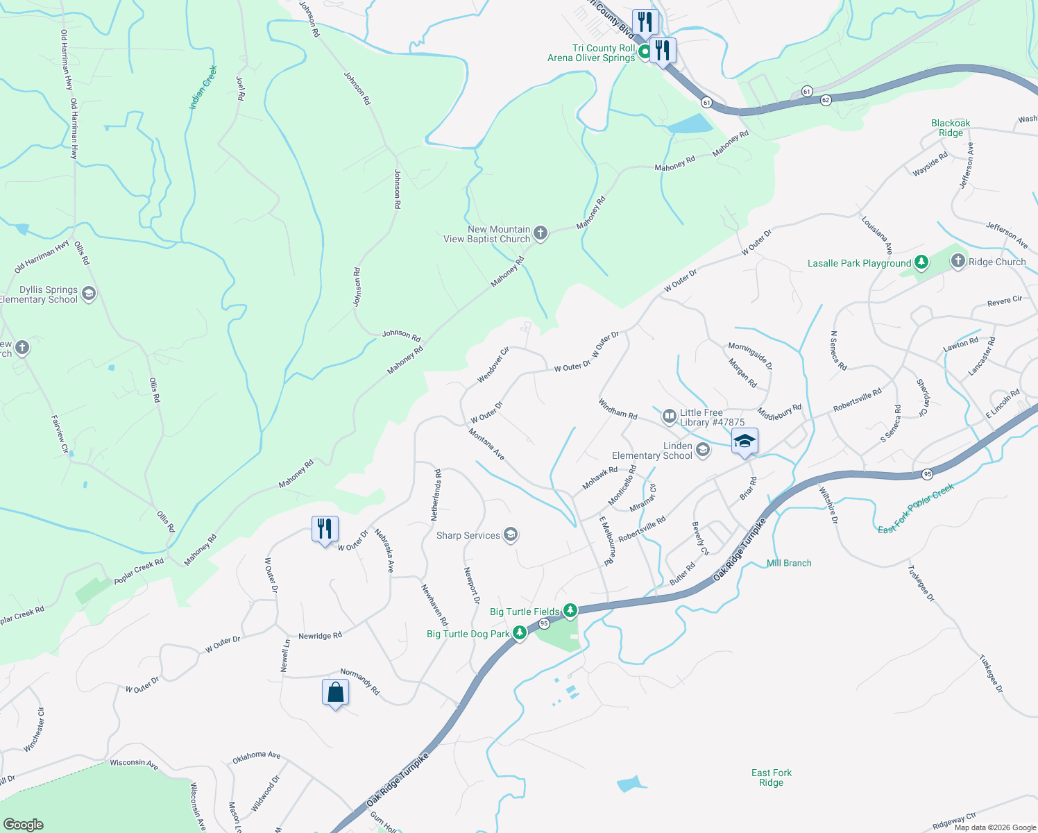 map of restaurants, bars, coffee shops, grocery stores, and more near 105 Wood Ridge Lane in Oak Ridge