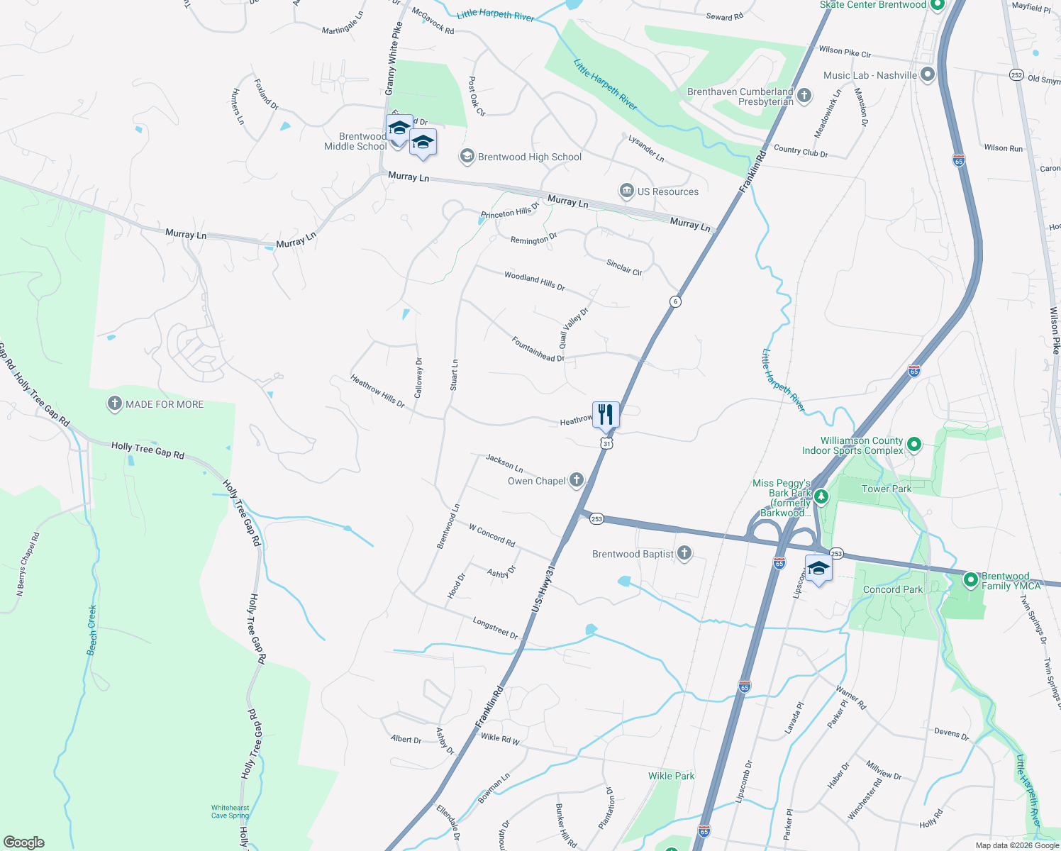 map of restaurants, bars, coffee shops, grocery stores, and more near 5103 Heathrow Boulevard in Brentwood