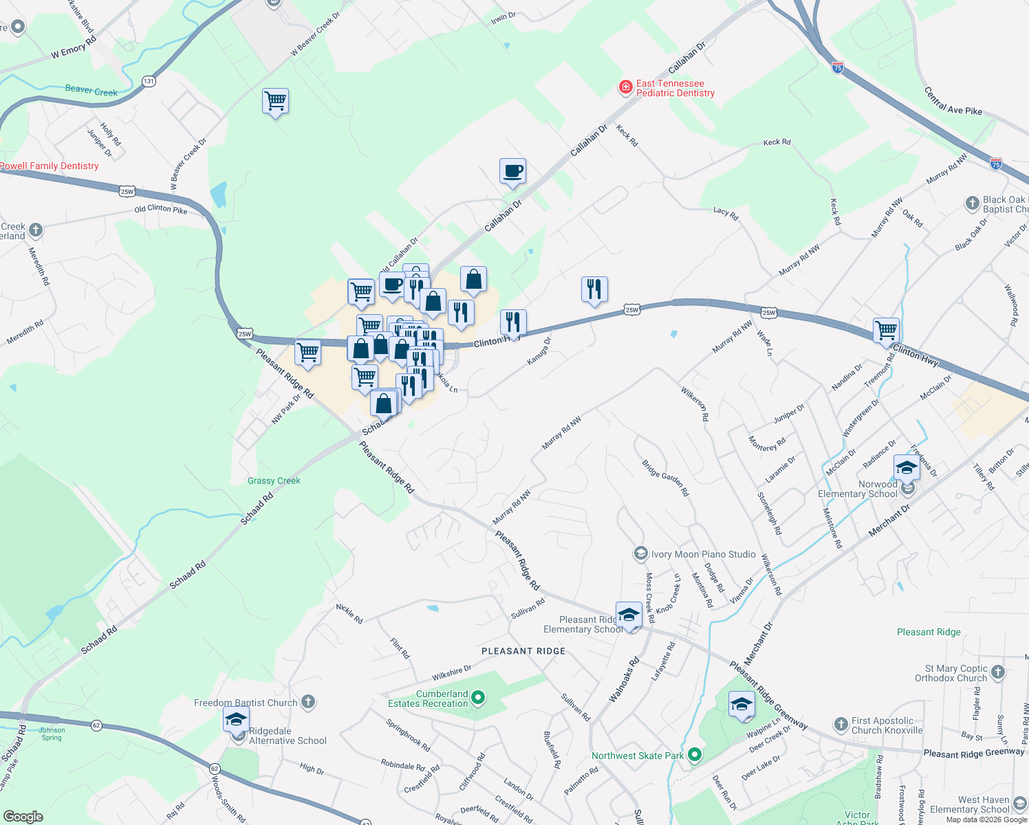 map of restaurants, bars, coffee shops, grocery stores, and more near 2831 Cherokee Peak Ln in Knoxville