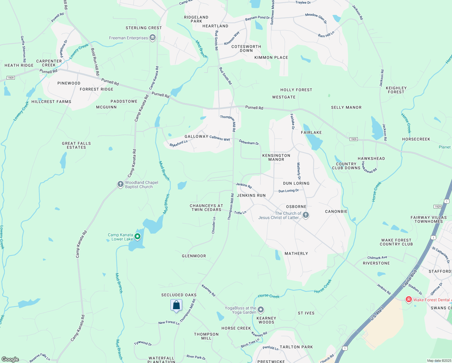 map of restaurants, bars, coffee shops, grocery stores, and more near 2420 Mollynick Lane in Wake Forest