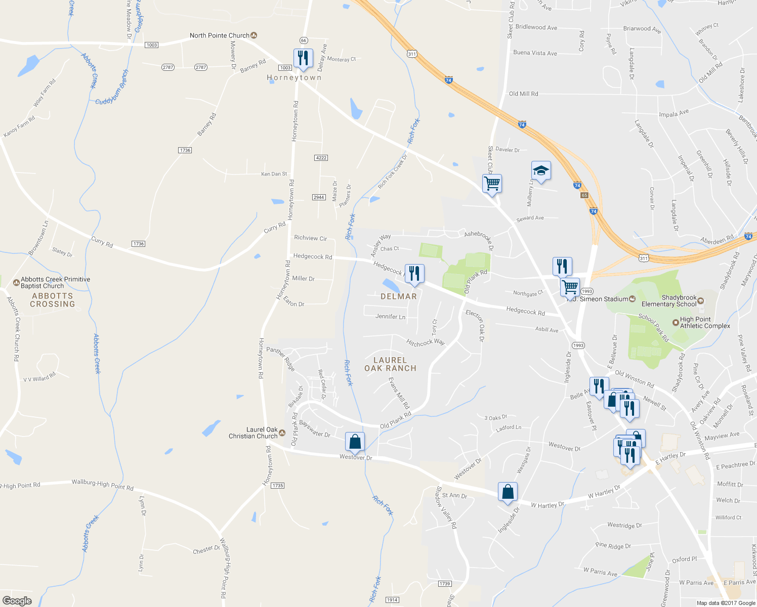 map of restaurants, bars, coffee shops, grocery stores, and more near 862 Hedgepath Terrace in High Point