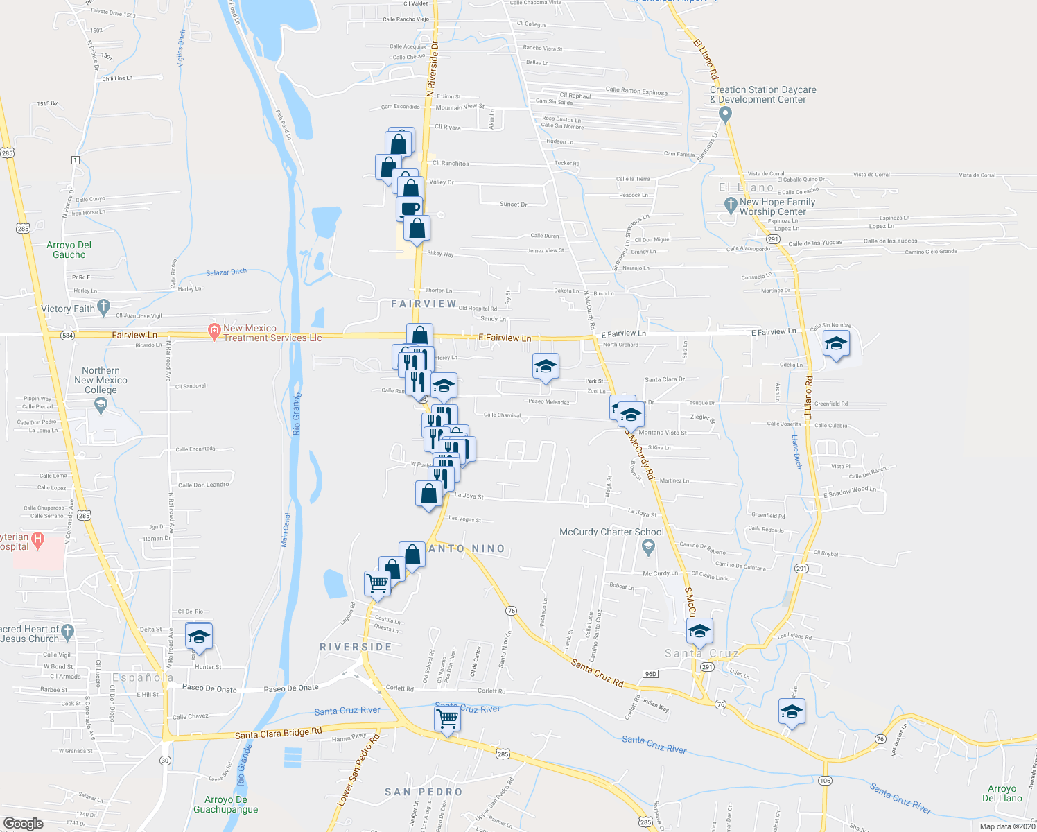 map of restaurants, bars, coffee shops, grocery stores, and more near Calle Chamisal in Espanola