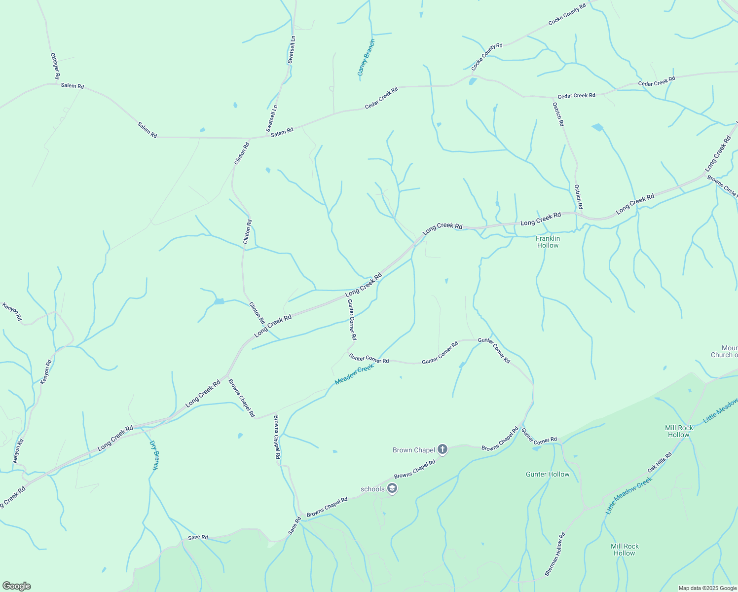 map of restaurants, bars, coffee shops, grocery stores, and more near 3821 Long Creek Road in Parrottsville