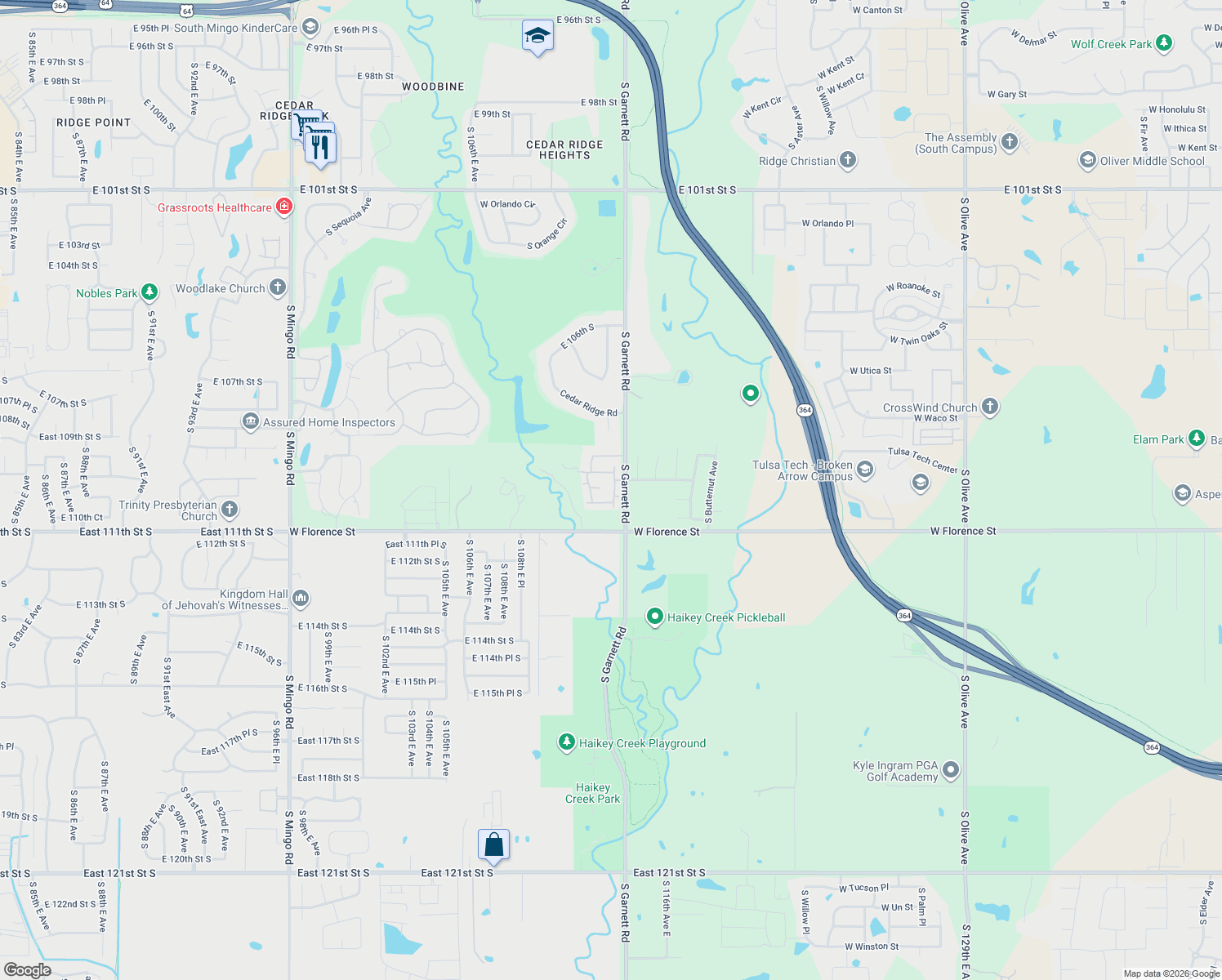 map of restaurants, bars, coffee shops, grocery stores, and more near 4610 South Royal Dublin Lane in Broken Arrow