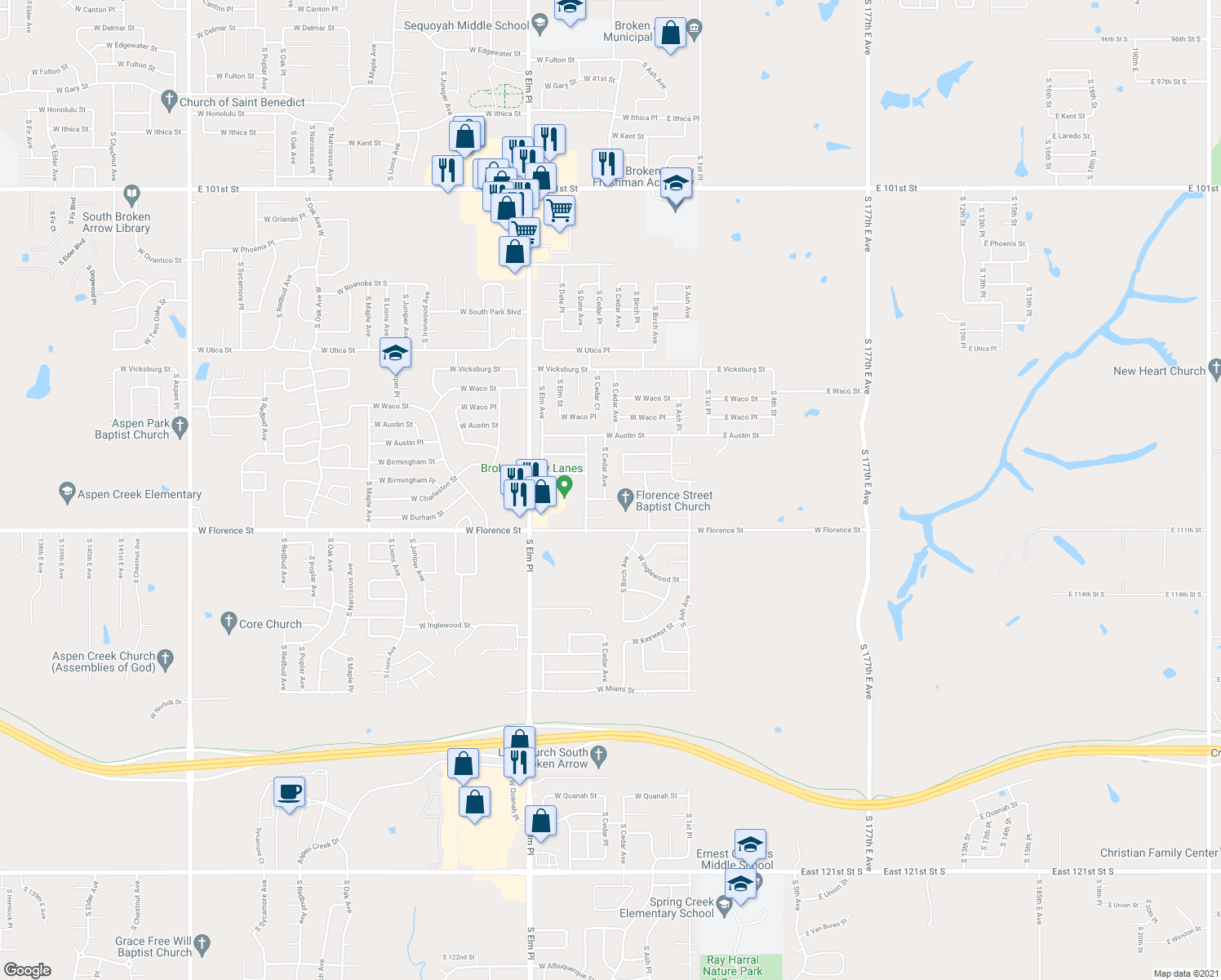 map of restaurants, bars, coffee shops, grocery stores, and more near 4617 South Cedar Avenue in Broken Arrow