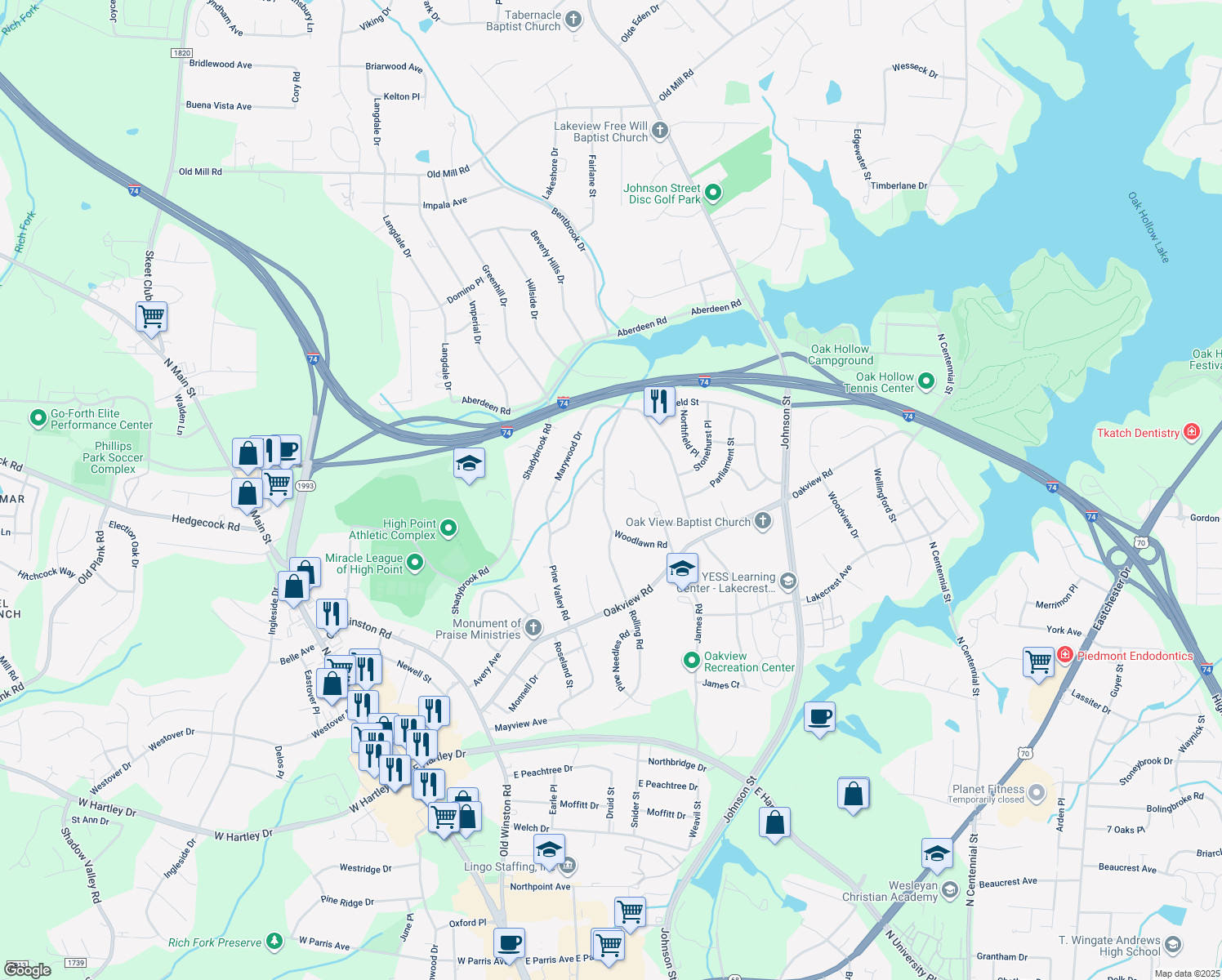 map of restaurants, bars, coffee shops, grocery stores, and more near 3514 Rolling Road in High Point