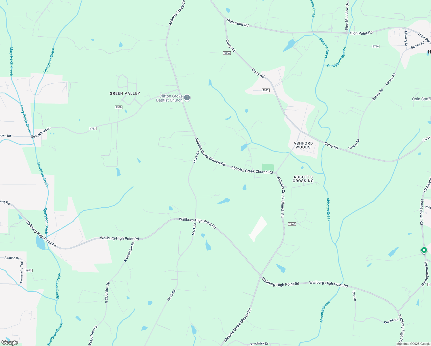 map of restaurants, bars, coffee shops, grocery stores, and more near 3319 Abbotts Creek Church Road in Kernersville