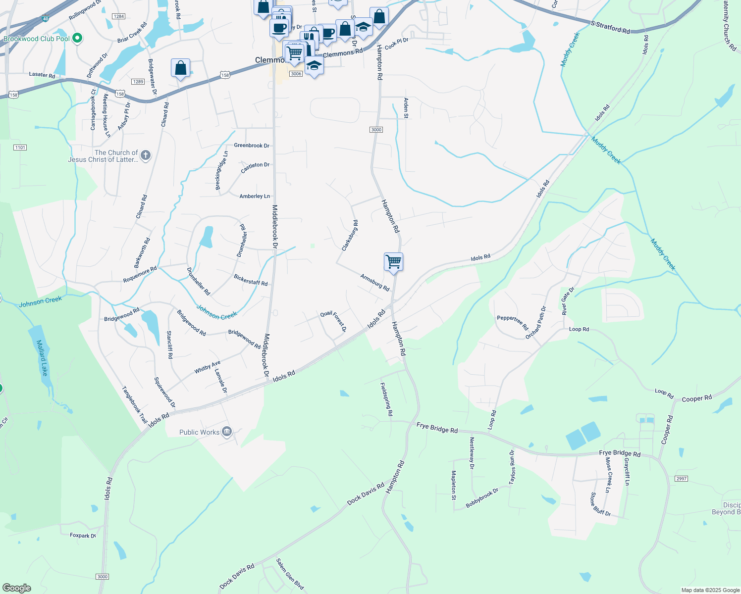 map of restaurants, bars, coffee shops, grocery stores, and more near 140 Stonburg Road in Clemmons