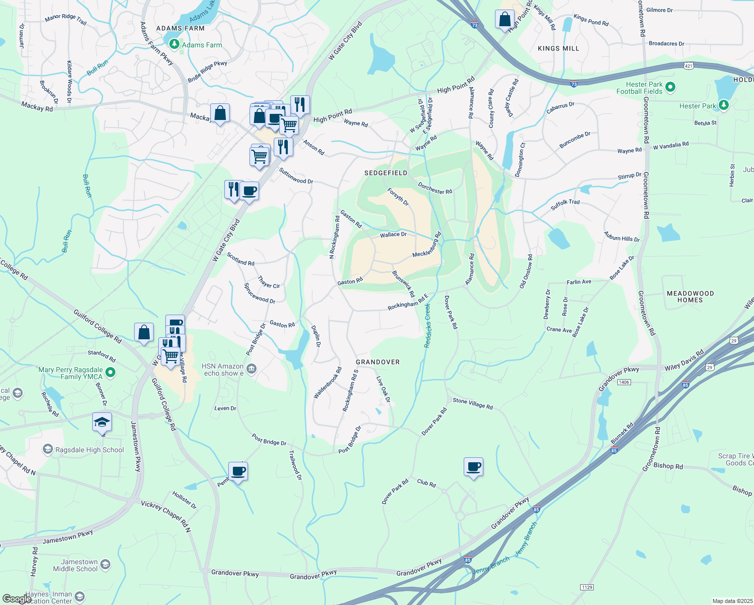 map of restaurants, bars, coffee shops, grocery stores, and more near 5516 East Rockingham Road in Greensboro