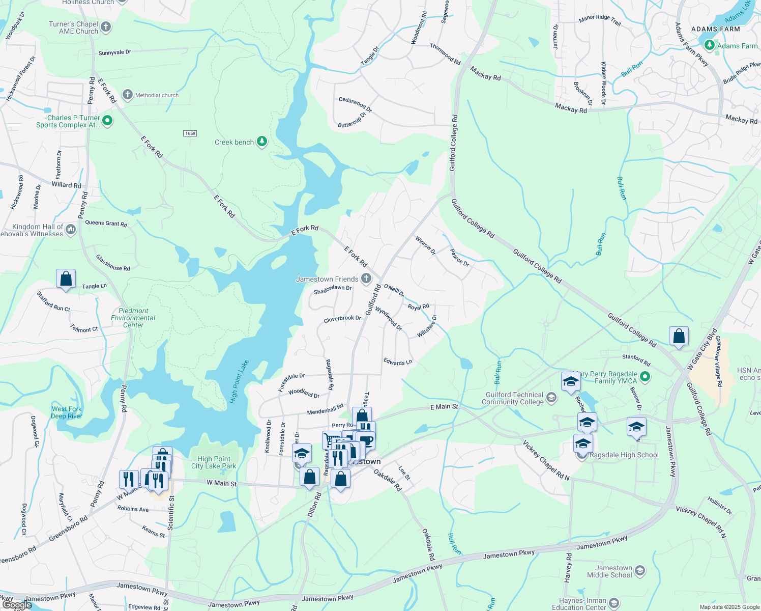 map of restaurants, bars, coffee shops, grocery stores, and more near 103 Wyndwood Drive in Jamestown