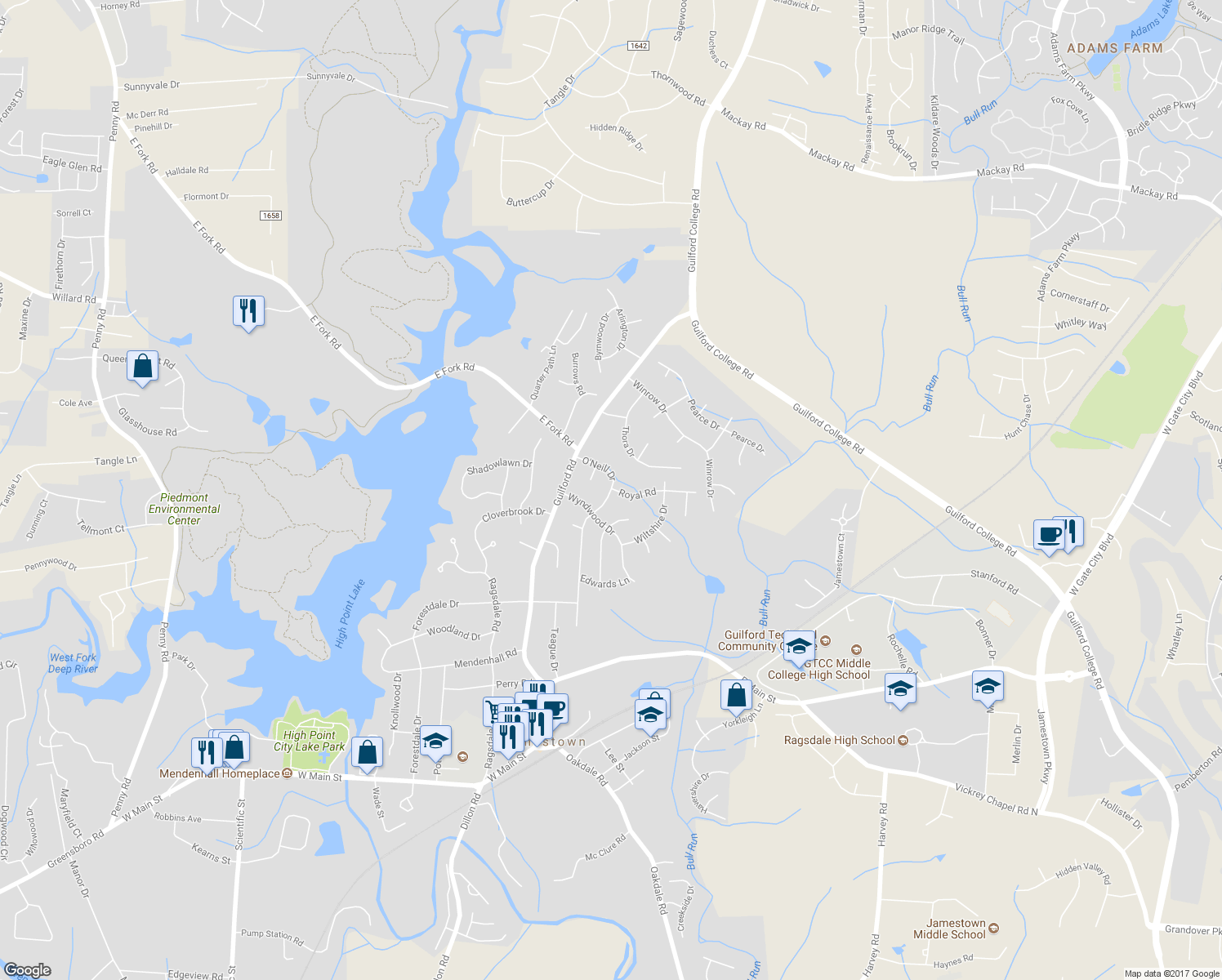 map of restaurants, bars, coffee shops, grocery stores, and more near 303 O'Neill Drive in Jamestown