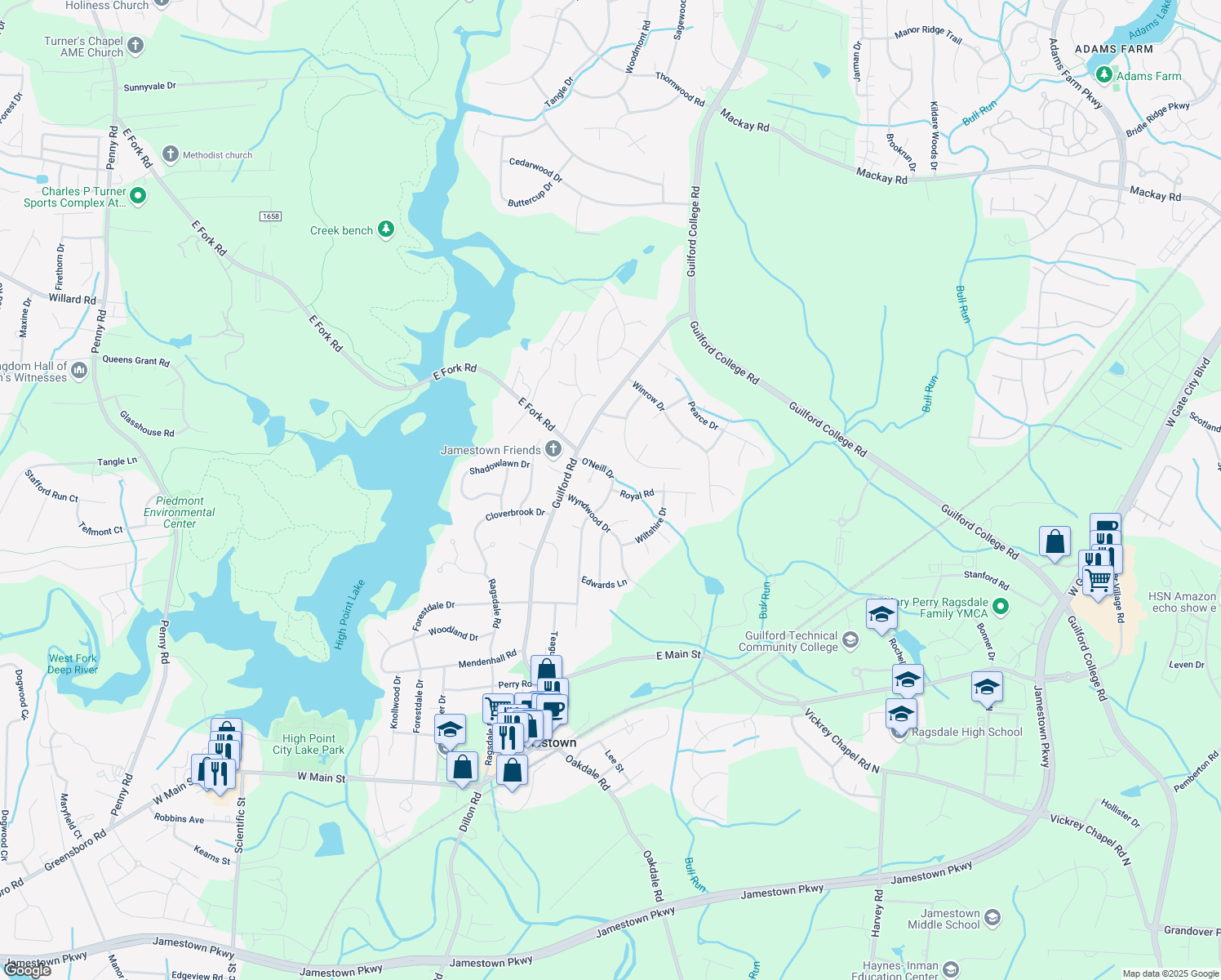 map of restaurants, bars, coffee shops, grocery stores, and more near 300 O'Neill Drive in Jamestown