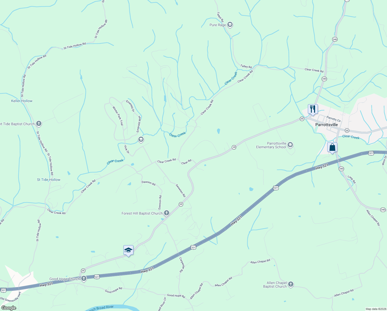 map of restaurants, bars, coffee shops, grocery stores, and more near 132 Clear Road in Parrottsville