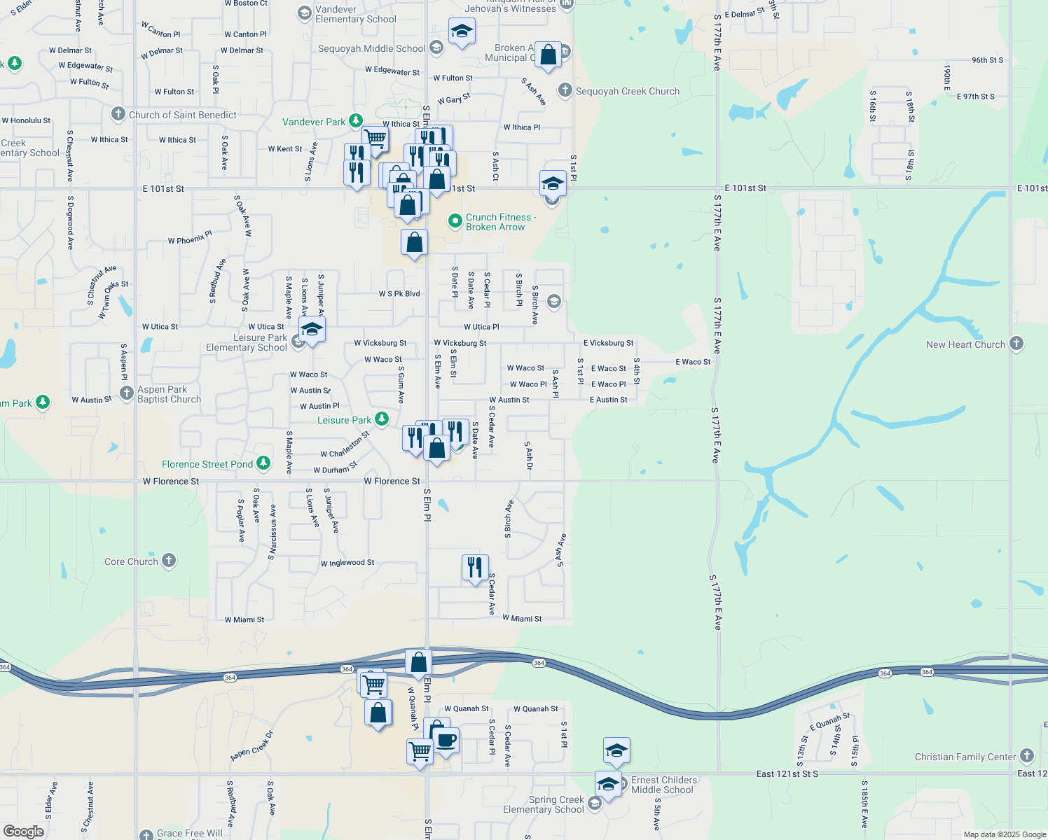 map of restaurants, bars, coffee shops, grocery stores, and more near 301 West Birmingham Street in Broken Arrow