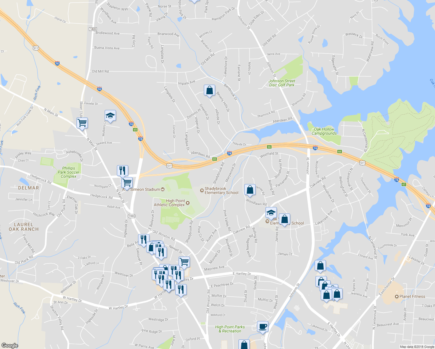 map of restaurants, bars, coffee shops, grocery stores, and more near 517 Shadybrook Road in High Point