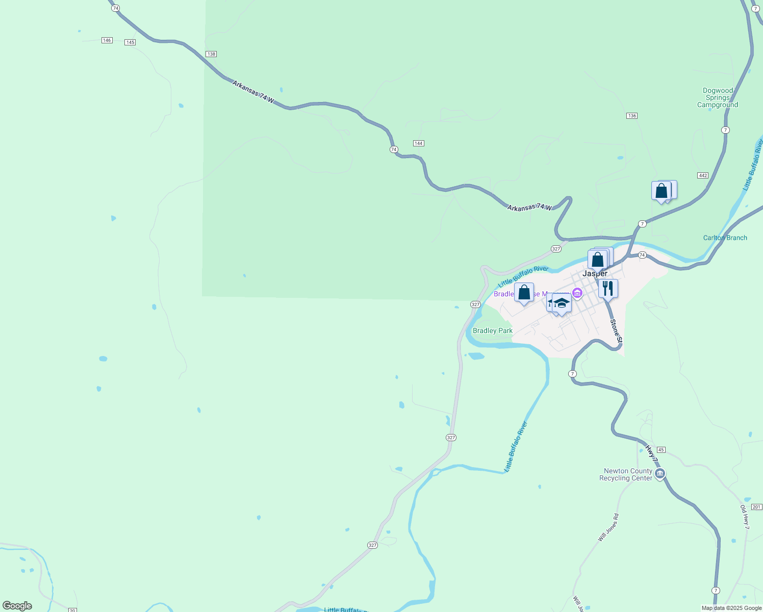 map of restaurants, bars, coffee shops, grocery stores, and more near Arkansas 327 in Jasper