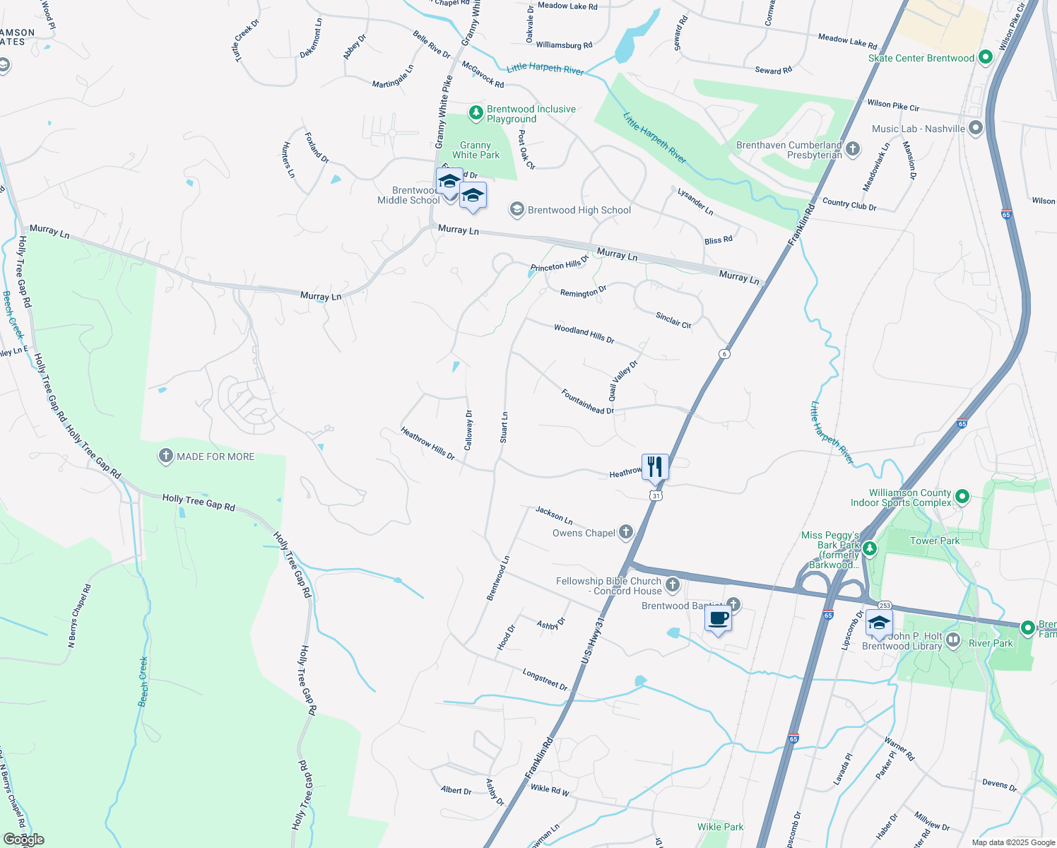 map of restaurants, bars, coffee shops, grocery stores, and more near 5150 Walnut Park Drive in Brentwood