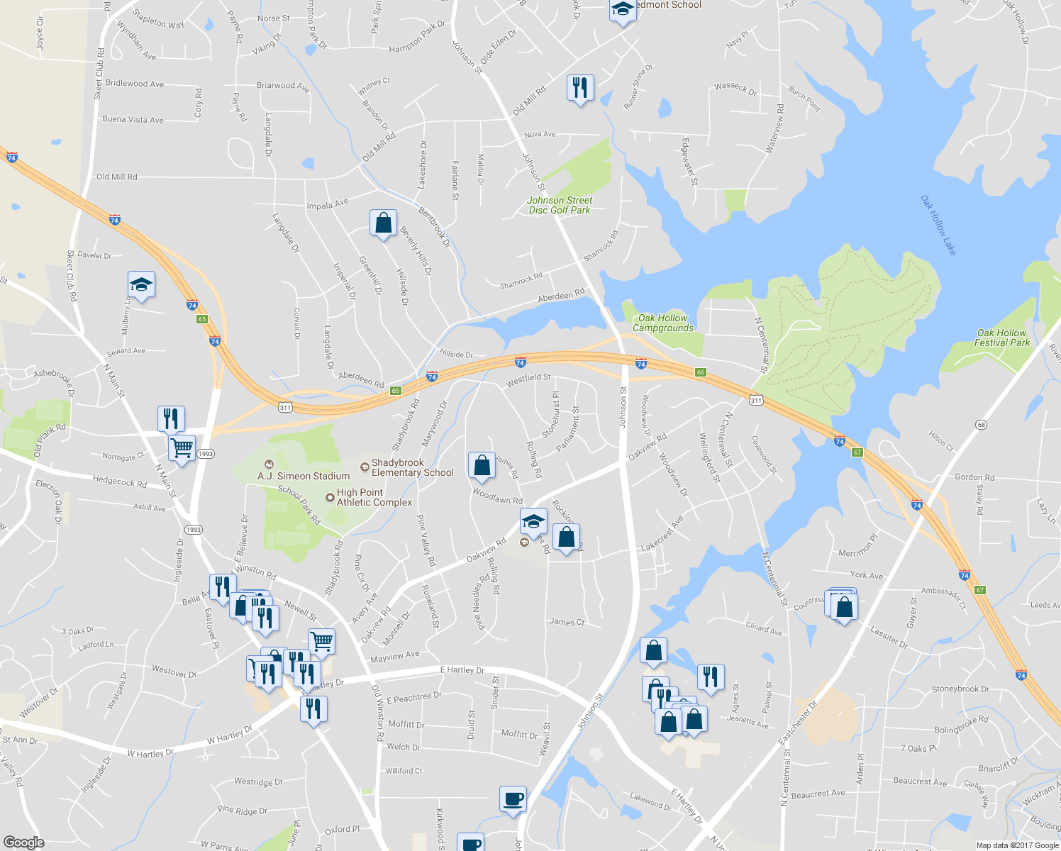 map of restaurants, bars, coffee shops, grocery stores, and more near 3733 Rolling Road in High Point