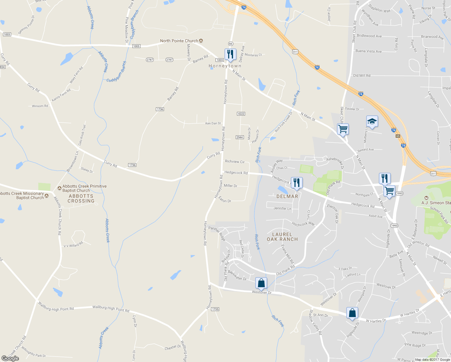 map of restaurants, bars, coffee shops, grocery stores, and more near 507 Horneytown Road in High Point