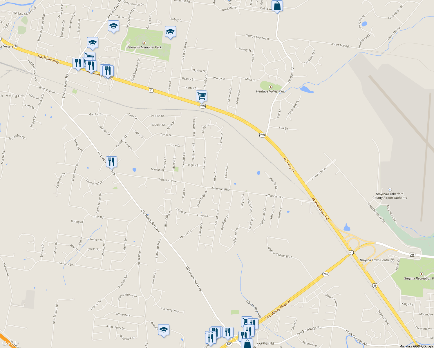 map of restaurants, bars, coffee shops, grocery stores, and more near 120 Miller Drive in La Vergne