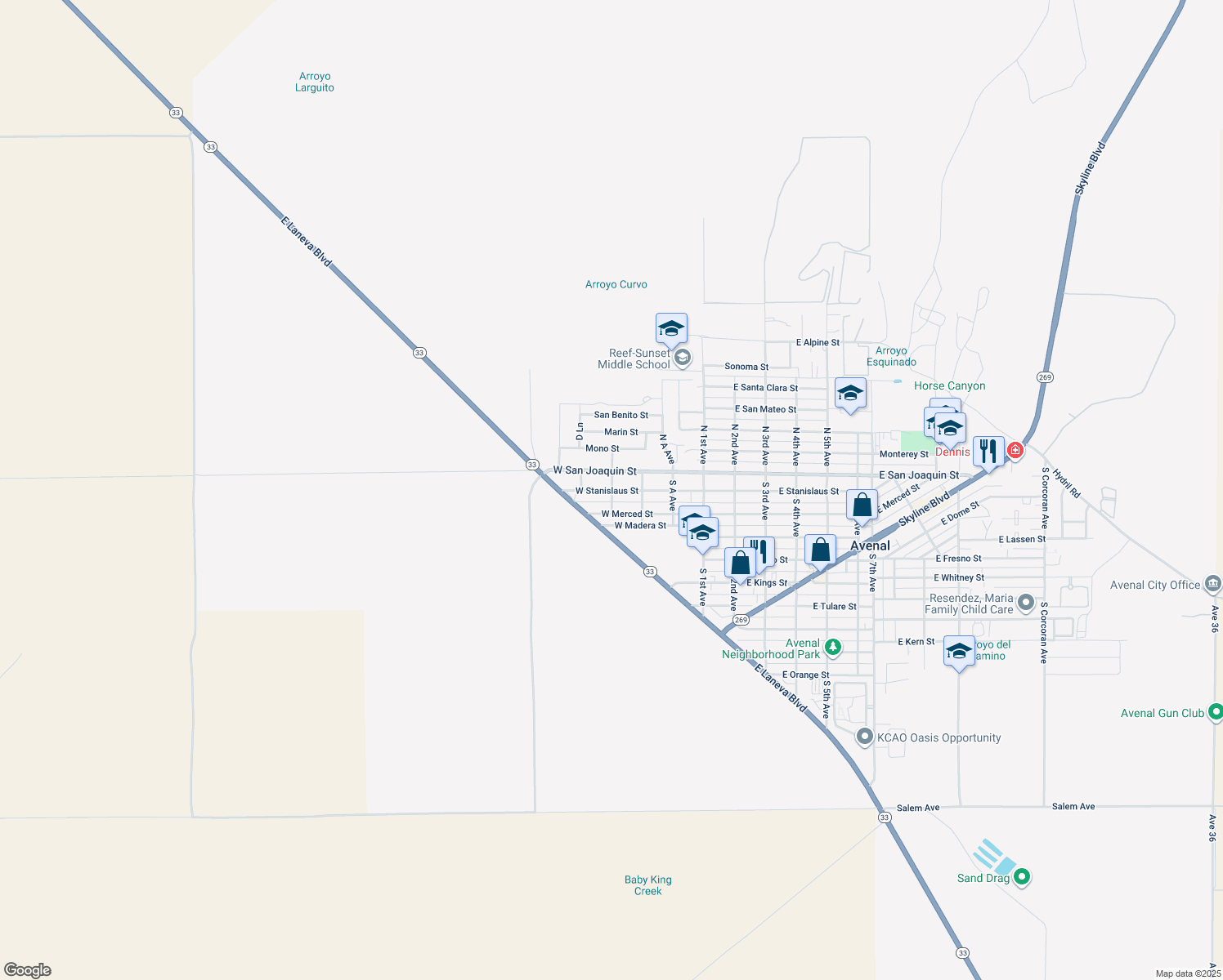 map of restaurants, bars, coffee shops, grocery stores, and more near C Avenue in Avenal