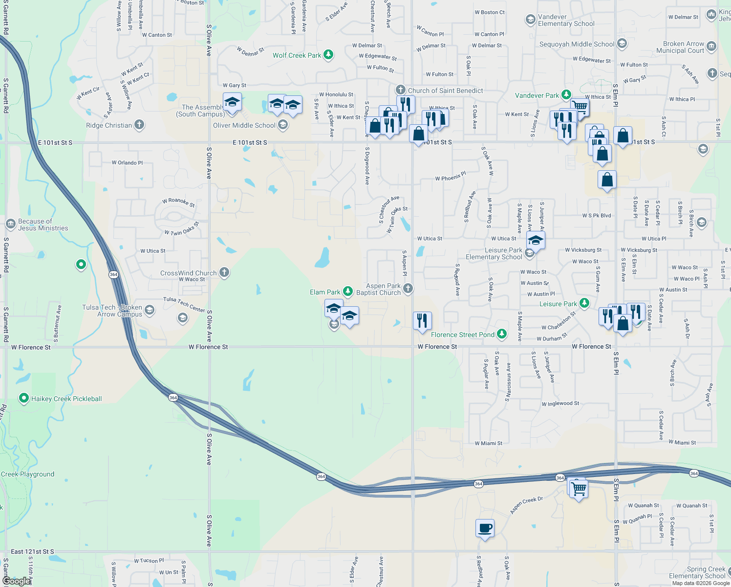 map of restaurants, bars, coffee shops, grocery stores, and more near 2413 West Austin Street in Broken Arrow