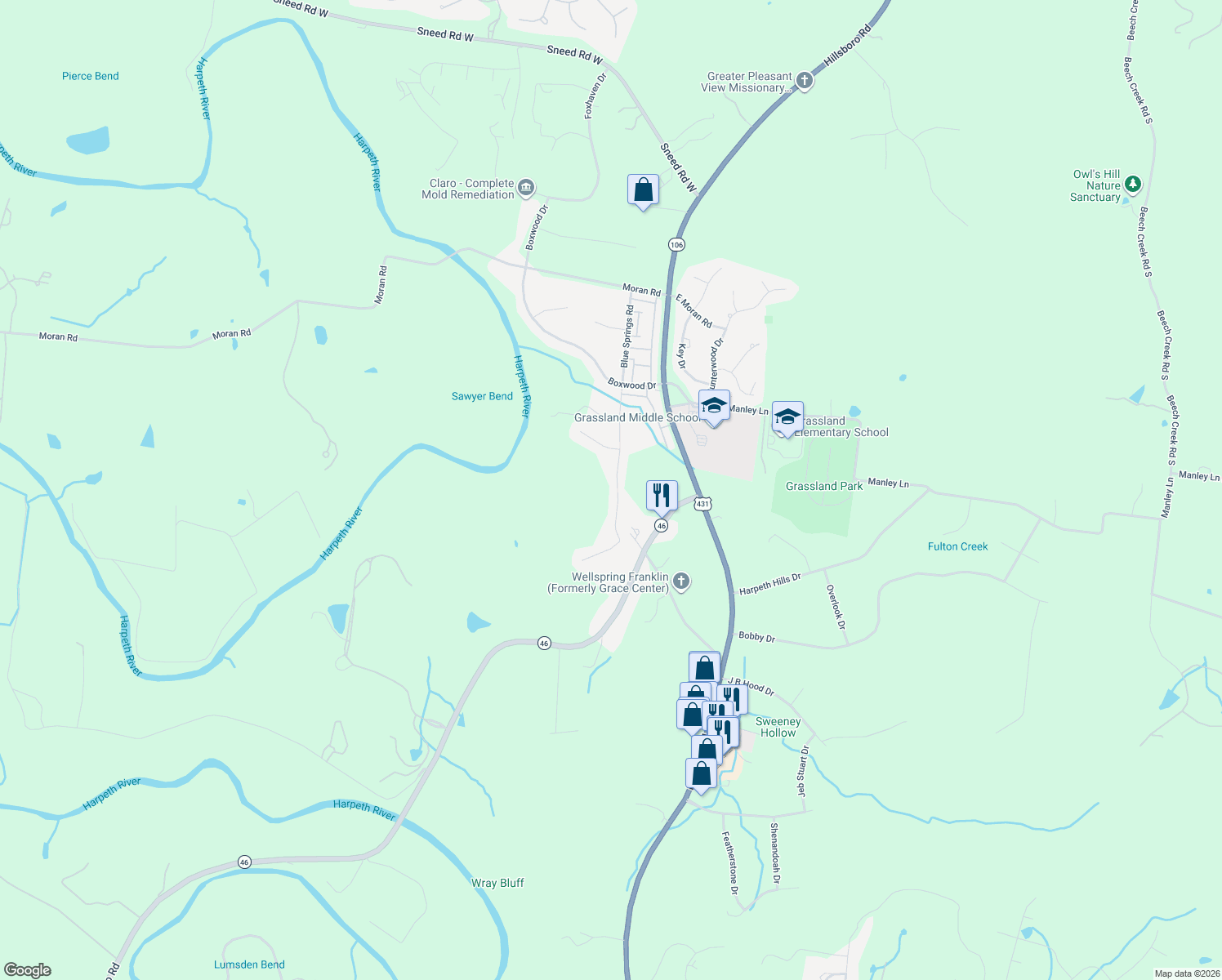 map of restaurants, bars, coffee shops, grocery stores, and more near 1121 Blue Springs Road in Franklin