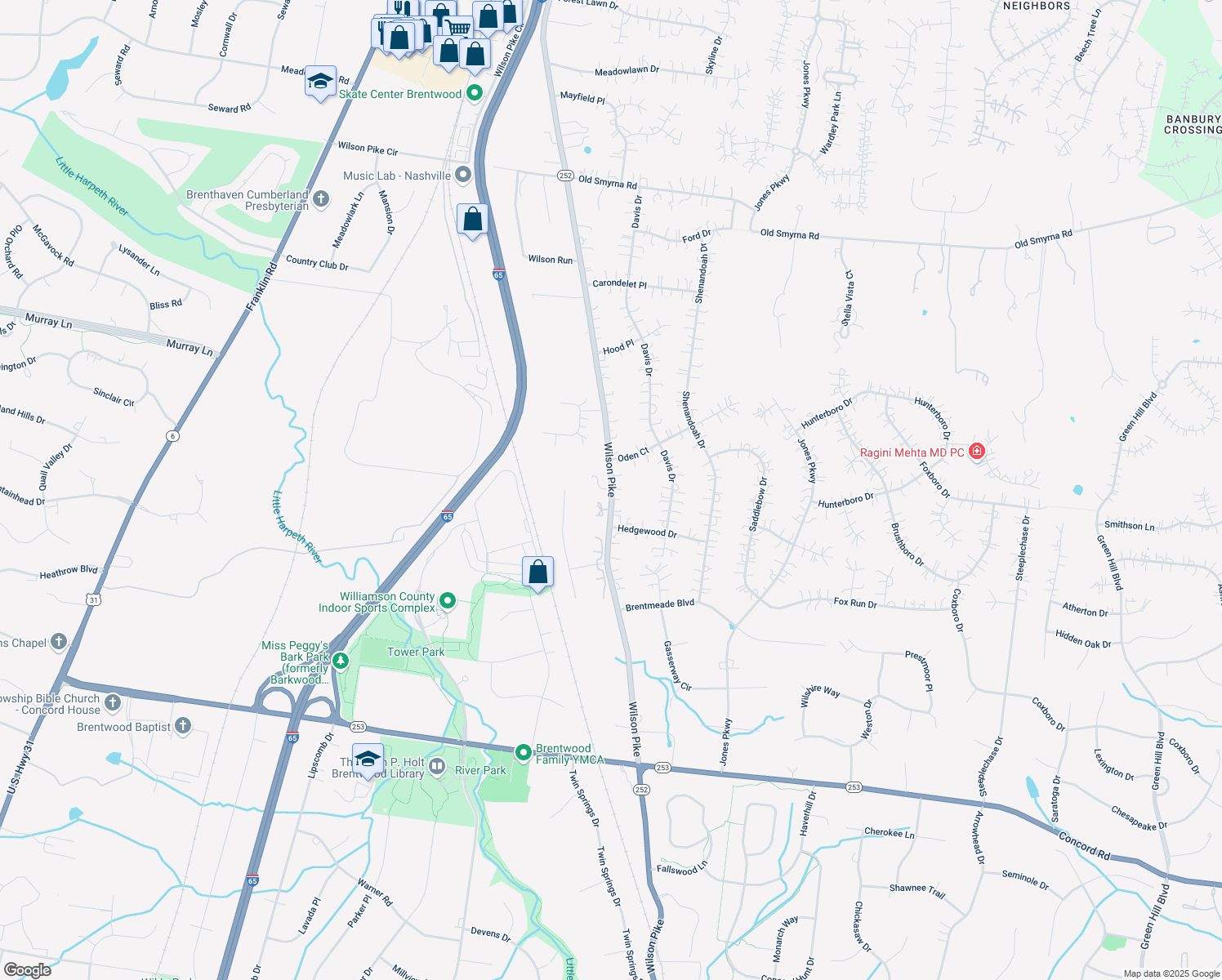 map of restaurants, bars, coffee shops, grocery stores, and more near 723 Wilson Pike in Brentwood