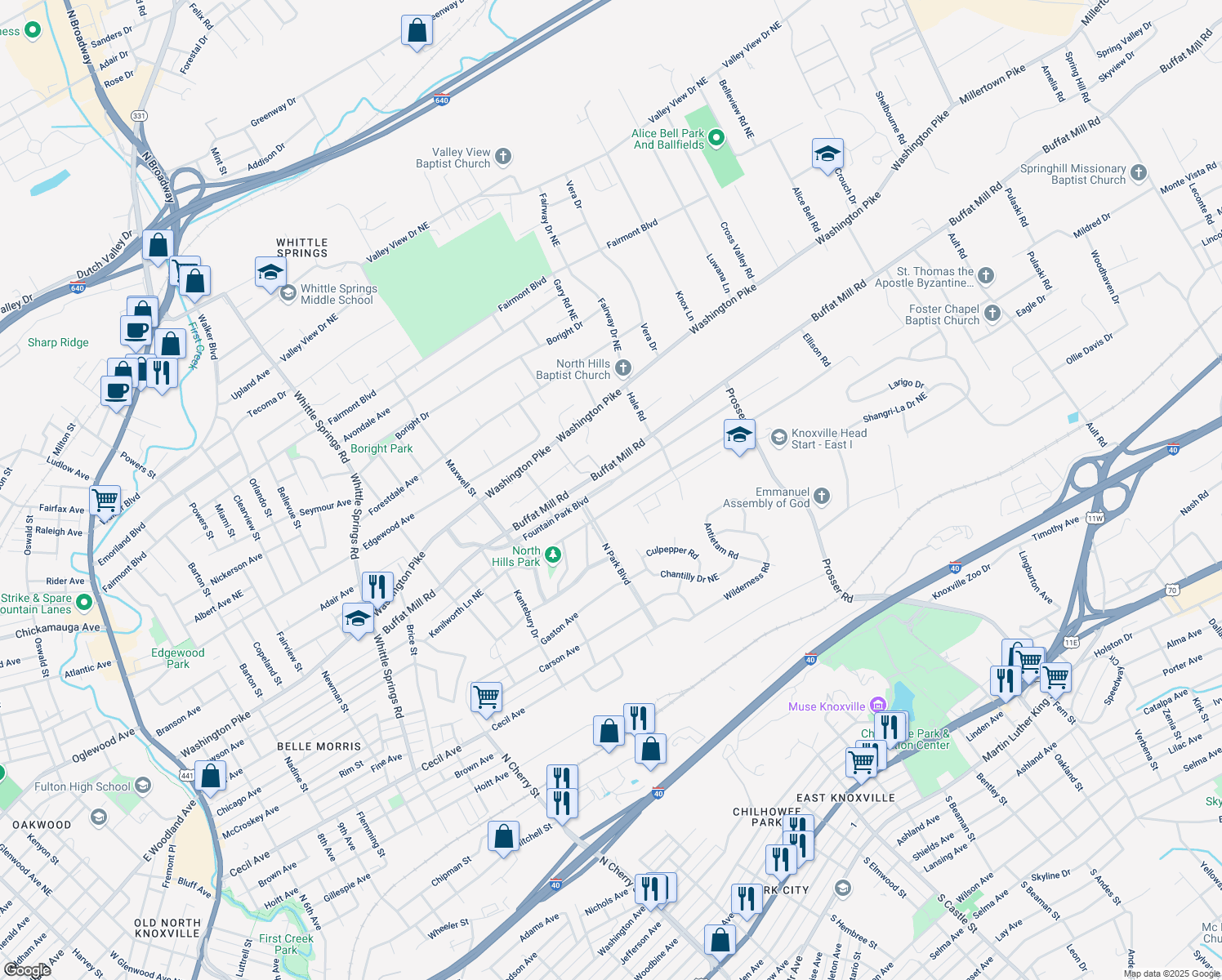 map of restaurants, bars, coffee shops, grocery stores, and more near 3126 Fountain Park Boulevard in Knoxville